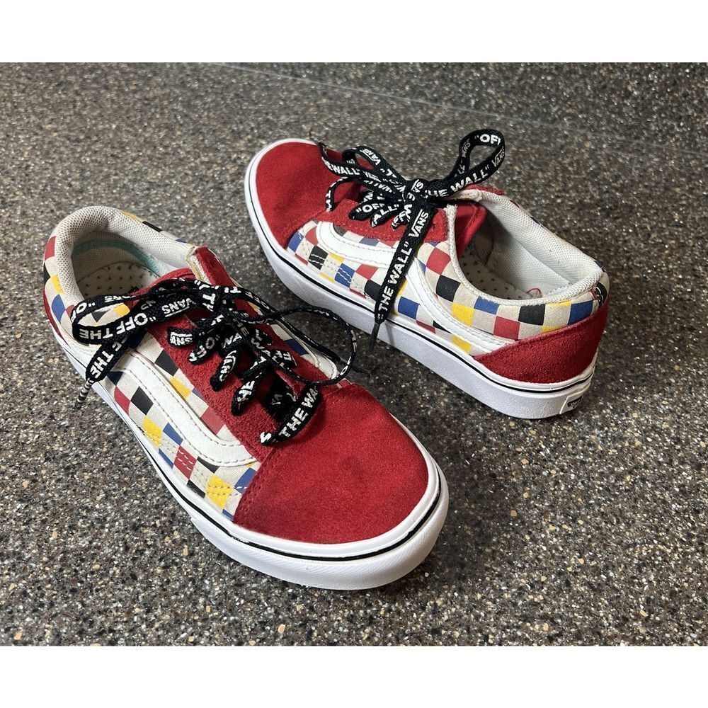 Vans ComfyCush Sneaker Red/Multicolor Check Kids Sz 2 Suede/Canvas Shoes Lace Up